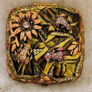 Jay Strongwater Bejeweled Enameled Compact Mirror.  Frogs and Flower